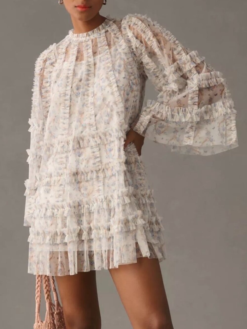 Mac Duggal White Multi Long Sleeve Ruffle Mini Dress NWT sz 12